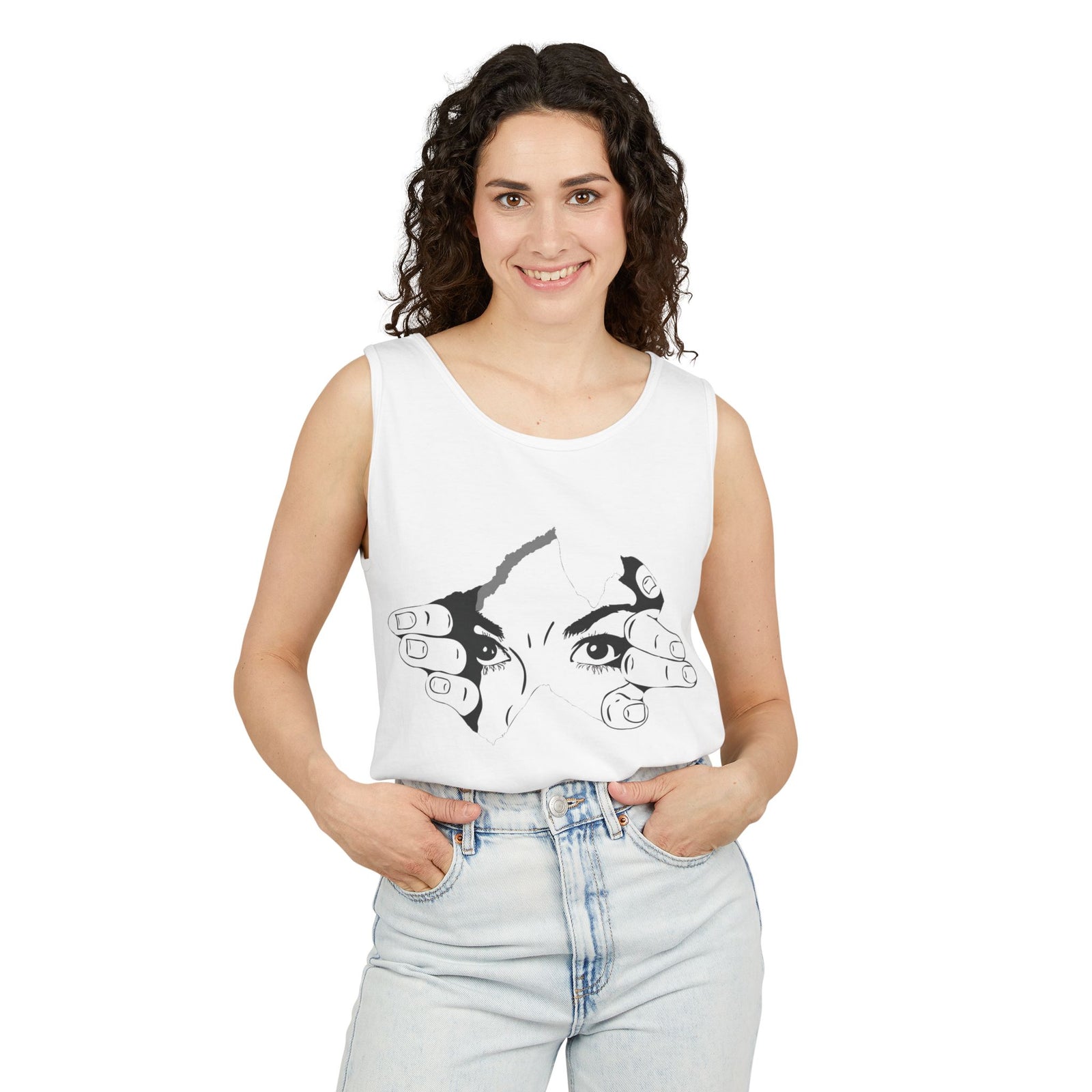 Ripped Jeans & Peeking Eyes Tank — Graphic Sleeveless Tee
