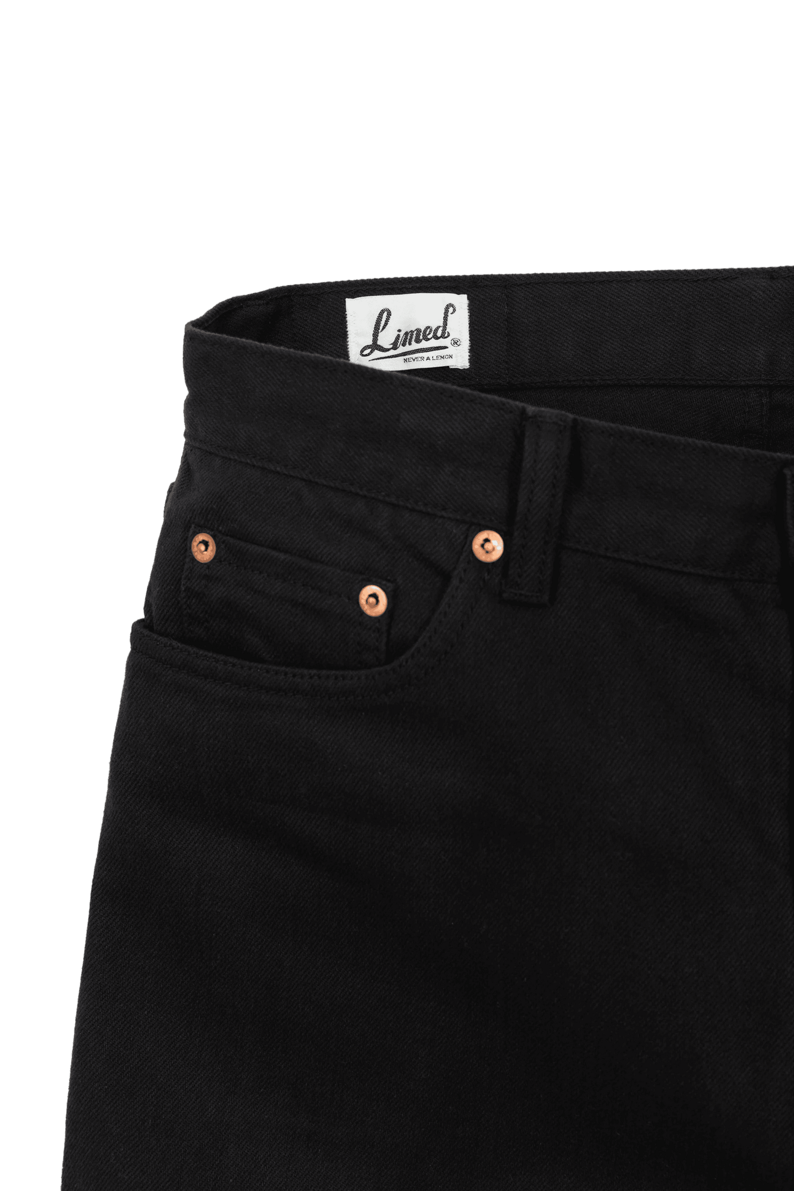 close up right side view of black pants